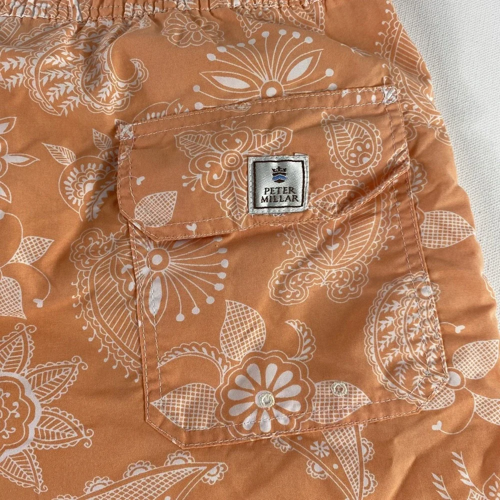 Peter Millar Swim Shorts Mens XL Orange White Floral‎ Paisley Board Trunks Beach